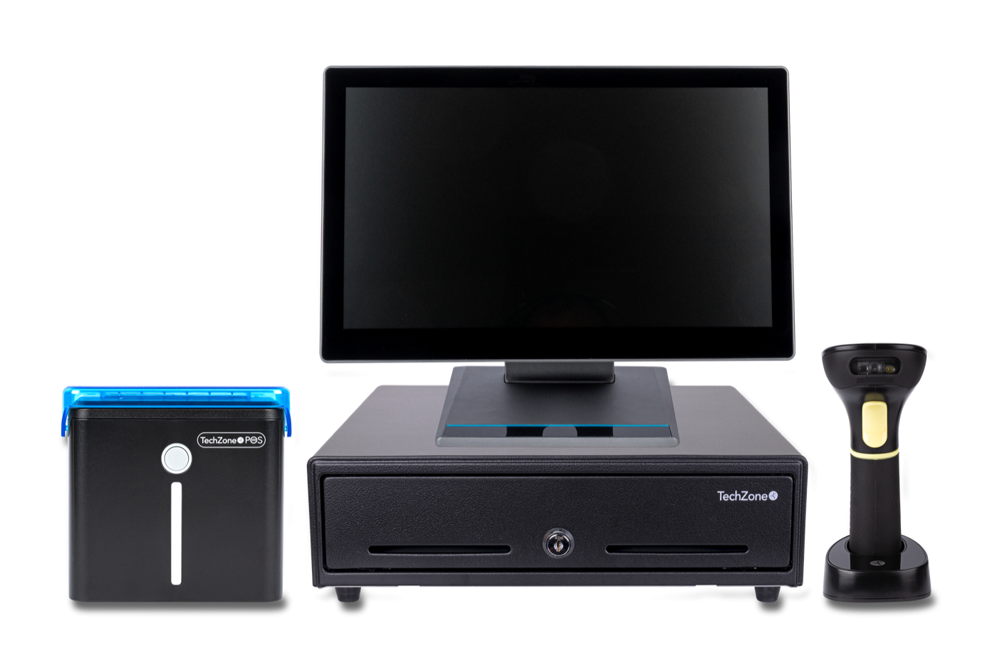 Ecosistema de hardware TechZone POS: monitor touch, impresora térmica, cajón de dinero y lector de código de barras